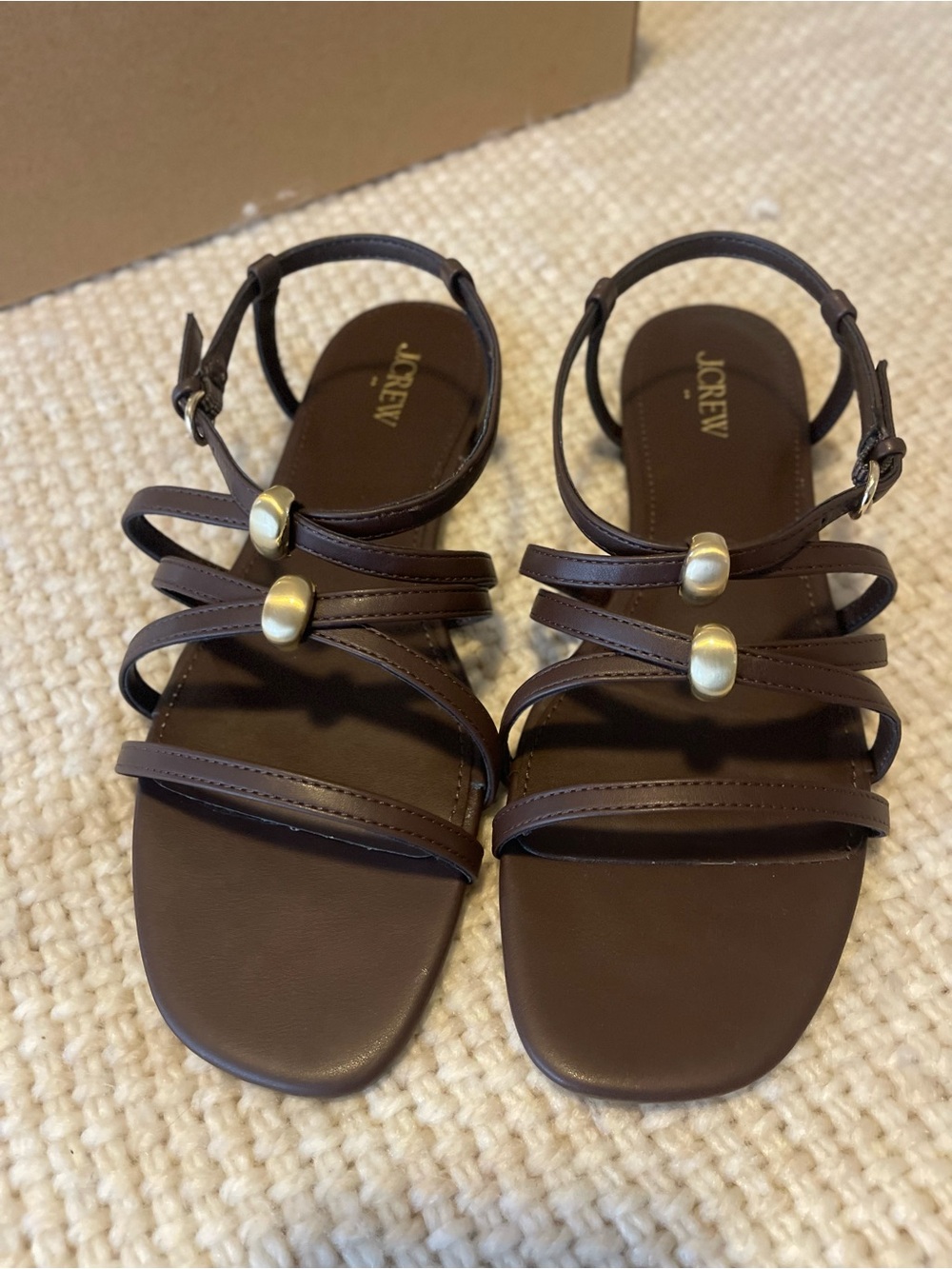 (NWT) J. Crew Dark Brown Leather Multi-Strap Sandals with Gold Accents